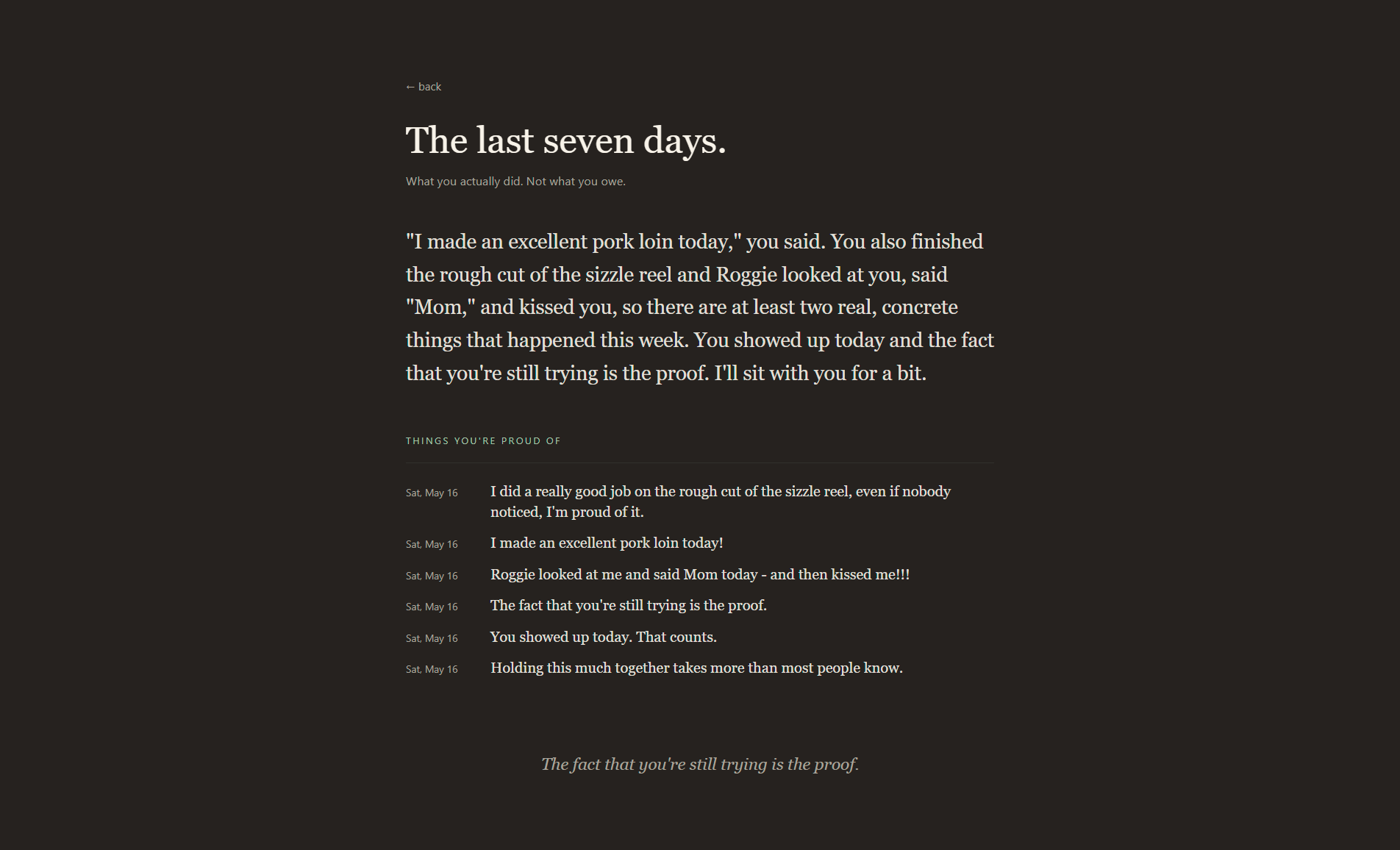 The last seven days. What you actually did. Not what you owe.